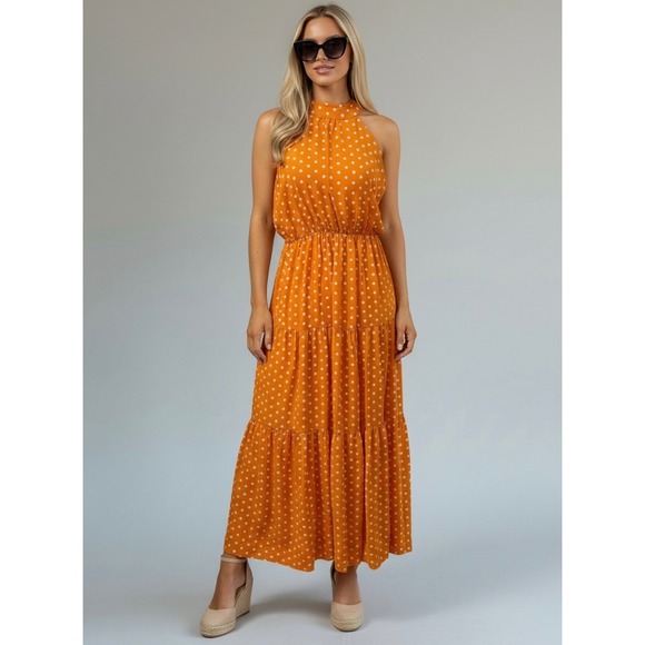 SHEIN Dresses & Skirts - Retro Style Polka Dot Halter Tiered Maxi Dress Orange White Size‎ Medium Summer